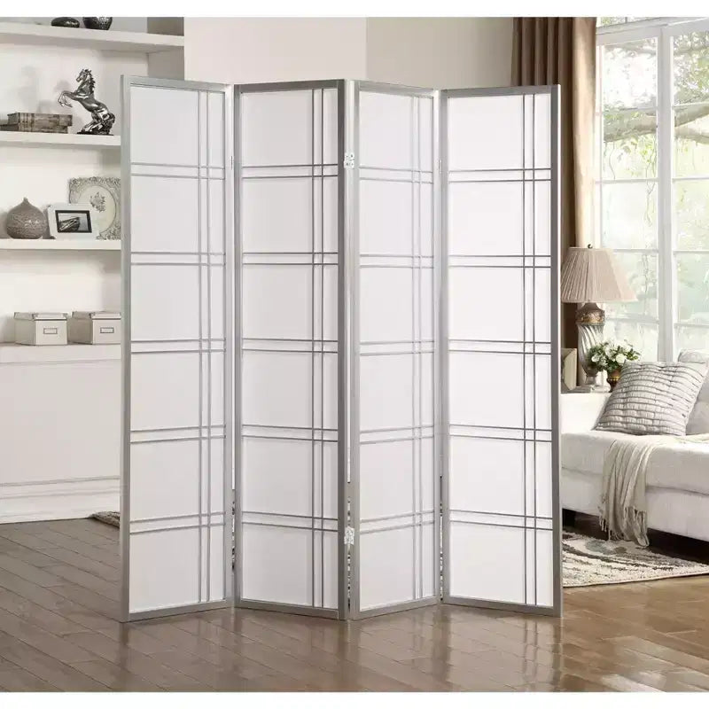 Roundhill Furniture Seto 4-Panel Room Divider Screen, Silver
