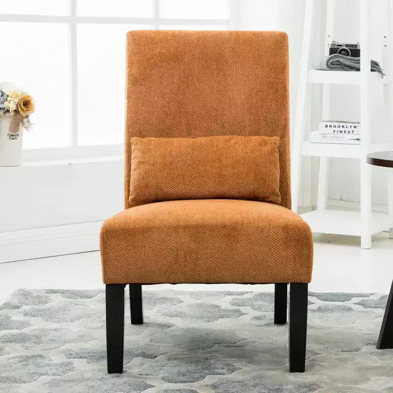 Fauteuil d'appoint contemporain sans accoudoirs en tissu chenille avec coussin lombaire assorti, orange