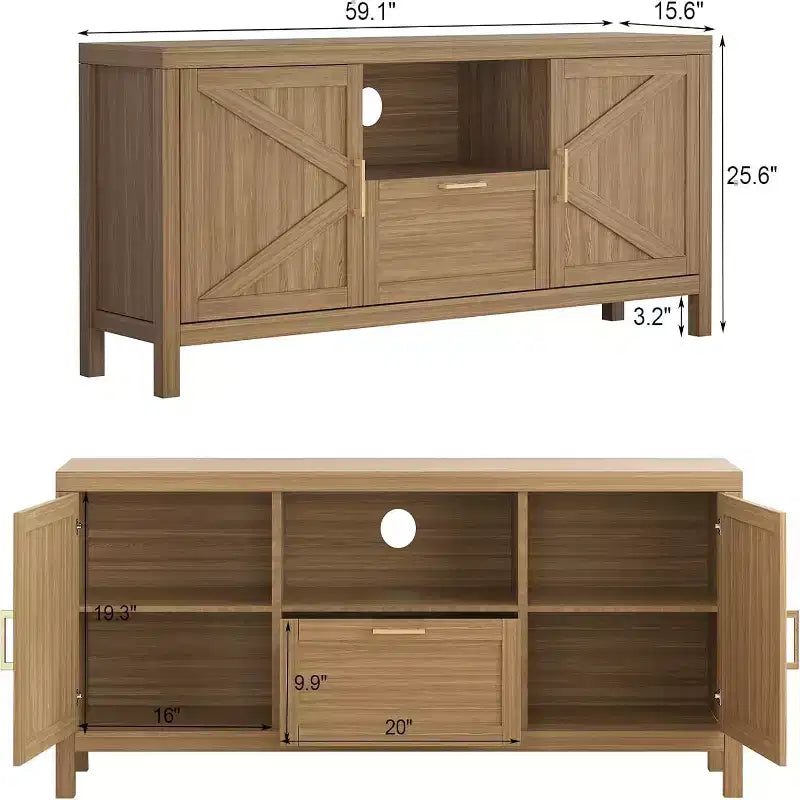 Meuble TV de ferme pour téléviseur jusqu'à 65 pouces, centre de divertissement avec porte, grand rangement, étagère réglable pour le salon