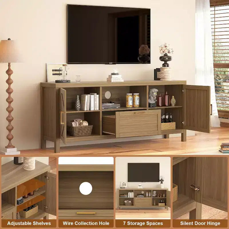 Meuble TV de ferme pour téléviseur jusqu'à 65 pouces, centre de divertissement avec porte, grand rangement, étagère réglable pour le salon