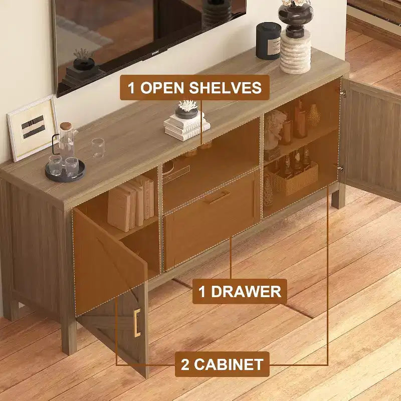 Meuble TV de ferme pour téléviseur jusqu'à 65 pouces, centre de divertissement avec porte, grand rangement, étagère réglable pour le salon