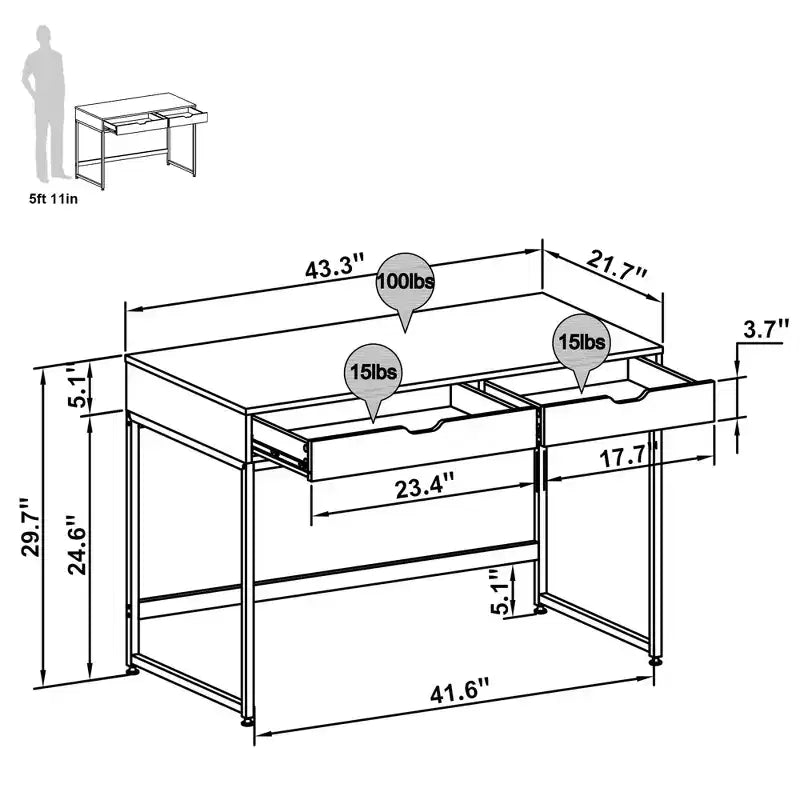 Bureau informatique de 43 pouces avec 2 tiroirs, petite table d'écriture avec cadre en métal pour bureau à domicile