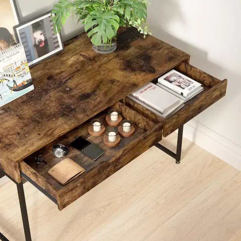 Bureau informatique de 43 pouces avec 2 tiroirs, petite table d'écriture avec cadre en métal pour bureau à domicile