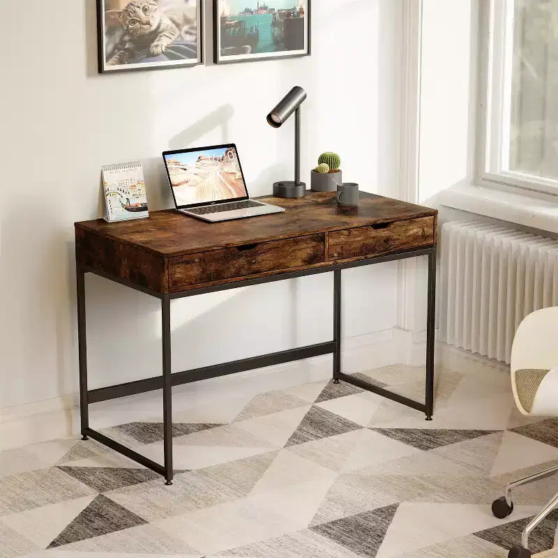 Bureau informatique de 43 pouces avec 2 tiroirs, petite table d'écriture avec cadre en métal pour bureau à domicile