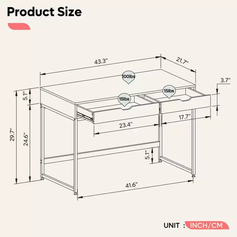 Bureau informatique de 43 pouces avec 2 tiroirs, petite table d'écriture avec cadre en métal pour bureau à domicile