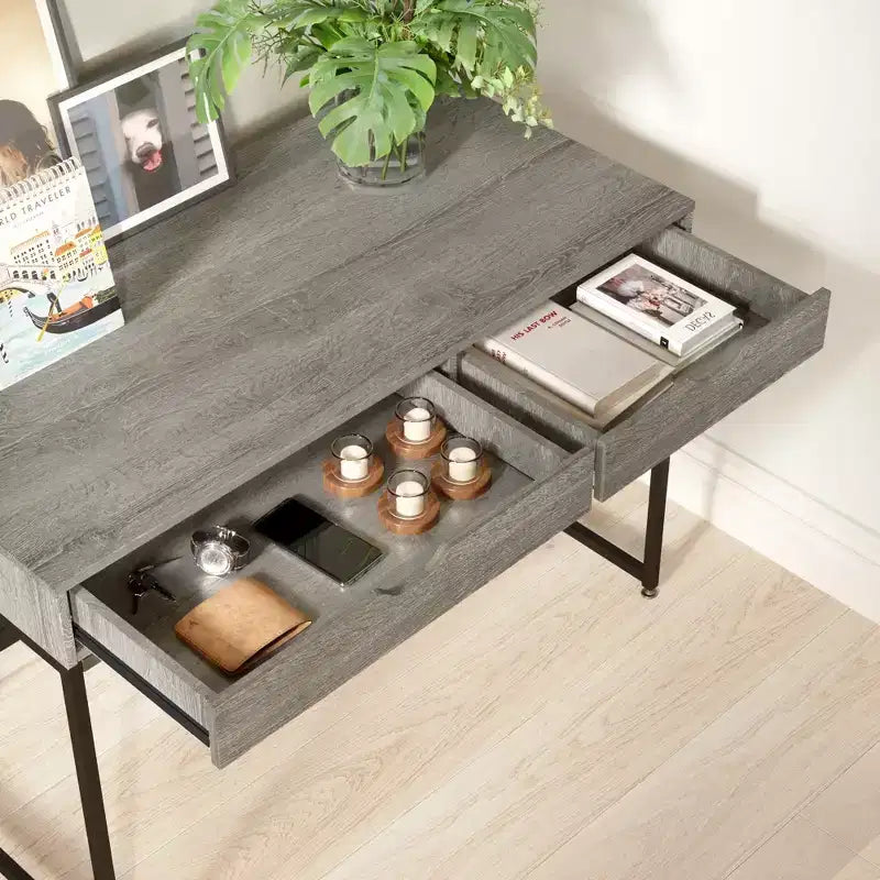 Bureau informatique de 43 pouces avec 2 tiroirs, petite table d'écriture avec cadre en métal pour bureau à domicile