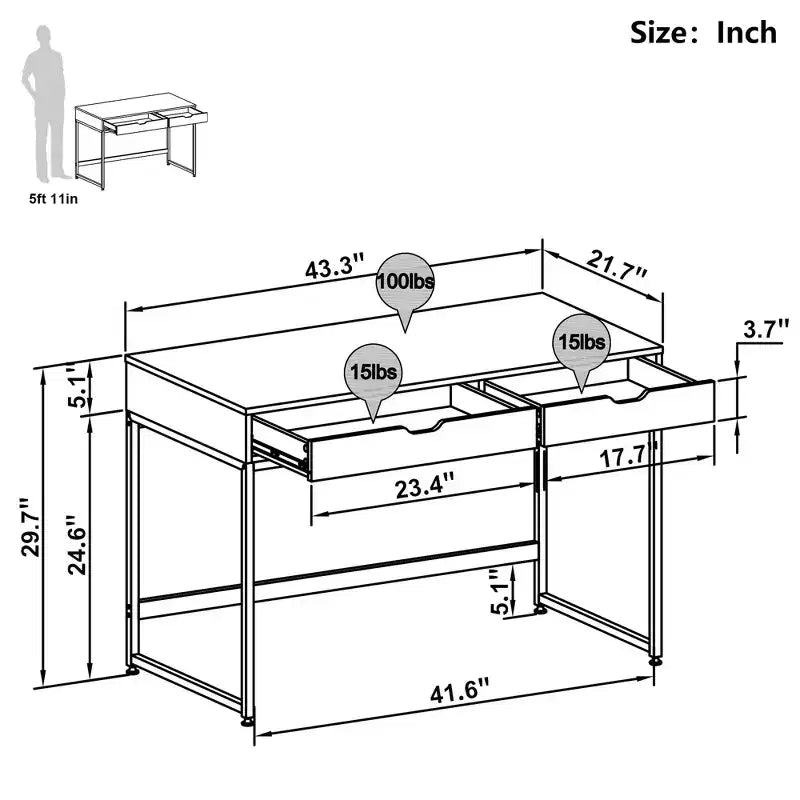 Bureau informatique de 43 pouces avec 2 tiroirs, petite table d'écriture avec cadre en métal pour bureau à domicile