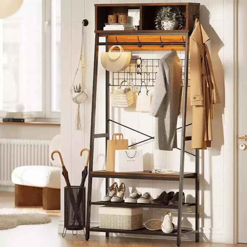 Porte-manteau avec banc de rangement à chaussures, arbre d'entrée de 70 po avec étagères, support de suspension pour vestes et manteaux, organisateur d'entrée 5-en-1 avec
