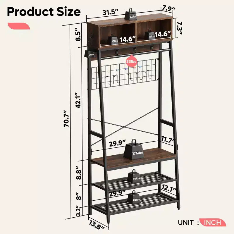 Porte-manteau avec banc de rangement à chaussures, arbre d'entrée de 70 po avec étagères, support de suspension pour vestes et manteaux, organisateur d'entrée 5-en-1 avec
