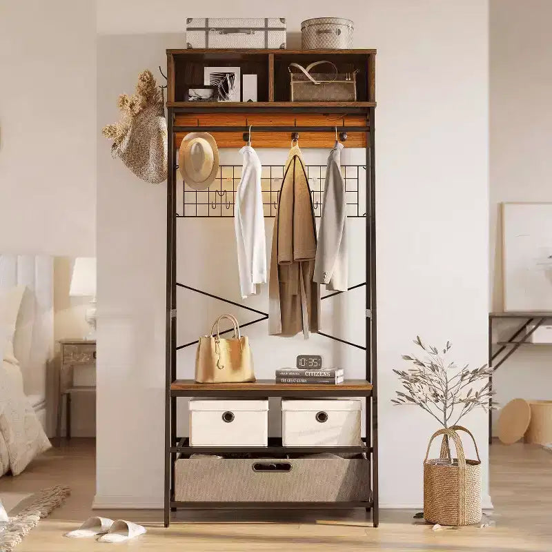 Porte-manteau avec banc de rangement à chaussures, arbre d'entrée de 70 po avec étagères, support de suspension pour vestes et manteaux, organisateur d'entrée 5-en-1 avec