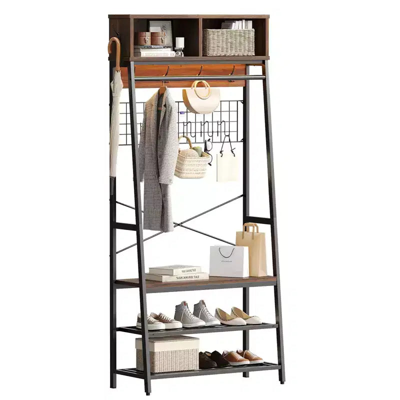 Porte-manteau avec banc de rangement à chaussures, arbre d'entrée de 70 po avec étagères, support de suspension pour vestes et manteaux, organisateur d'entrée 5-en-1 avec