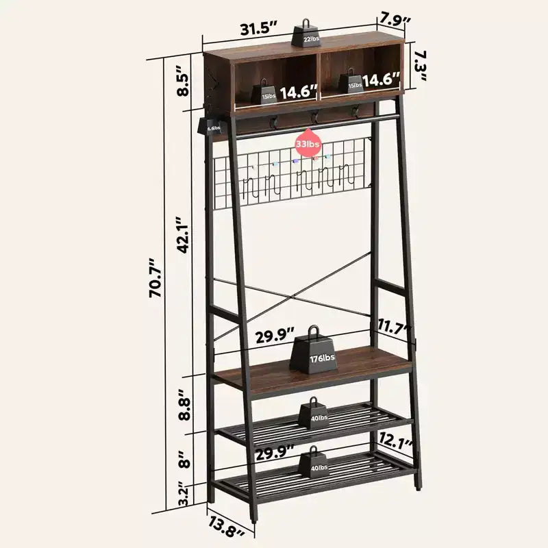 Porte-manteau avec banc de rangement à chaussures, arbre d'entrée de 70 po avec étagères, support de suspension pour vestes et manteaux, organisateur d'entrée 5-en-1 avec