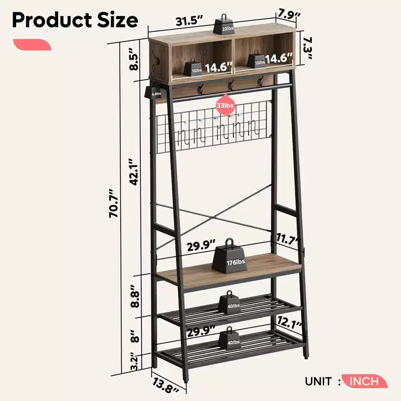 Porte-manteau avec banc de rangement à chaussures, arbre d'entrée de 70 po avec étagères, support de suspension pour vestes et manteaux, organisateur d'entrée 5-en-1 avec