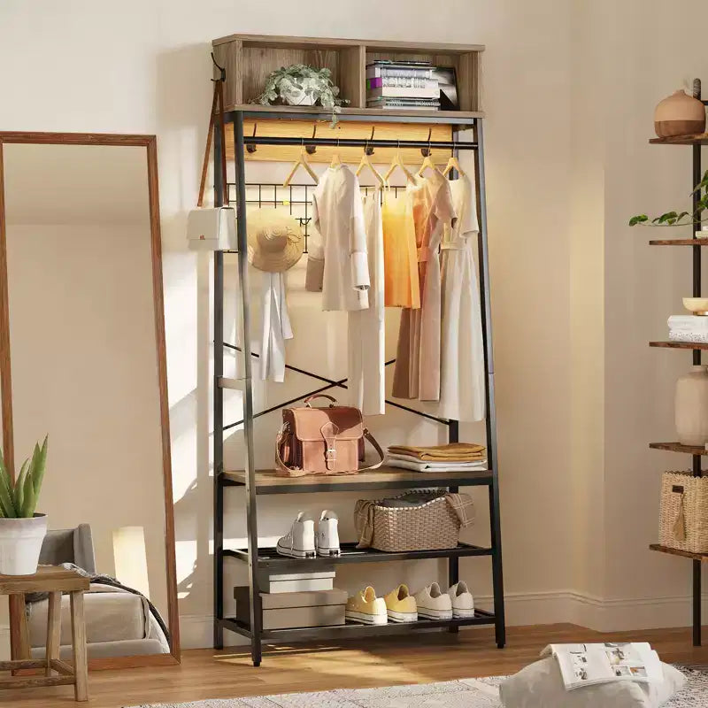 Porte-manteau avec banc de rangement à chaussures, arbre d'entrée de 70 po avec étagères, support de suspension pour vestes et manteaux, organisateur d'entrée 5-en-1 avec