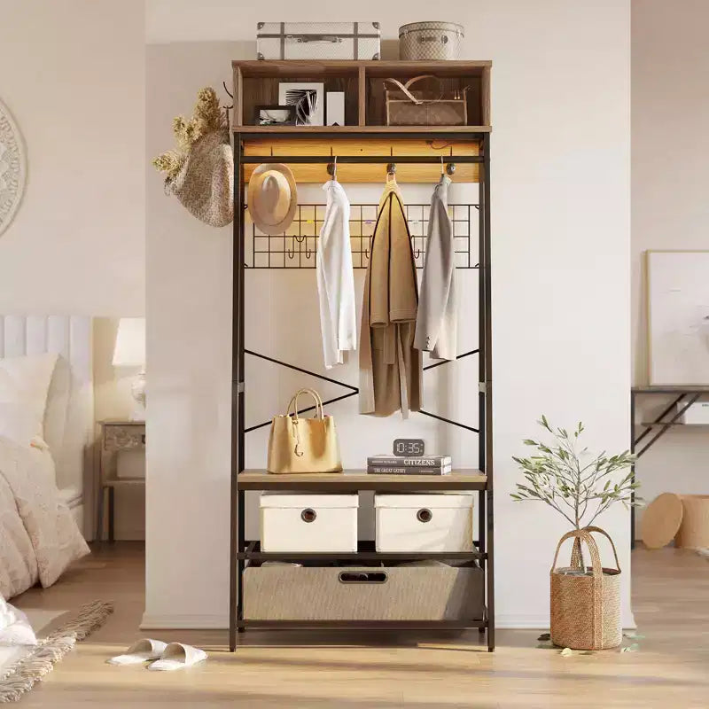 Porte-manteau avec banc de rangement à chaussures, arbre d'entrée de 70 po avec étagères, support de suspension pour vestes et manteaux, organisateur d'entrée 5-en-1 avec