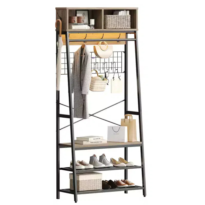 Porte-manteau avec banc de rangement à chaussures, arbre d'entrée de 70 po avec étagères, support de suspension pour vestes et manteaux, organisateur d'entrée 5-en-1 avec