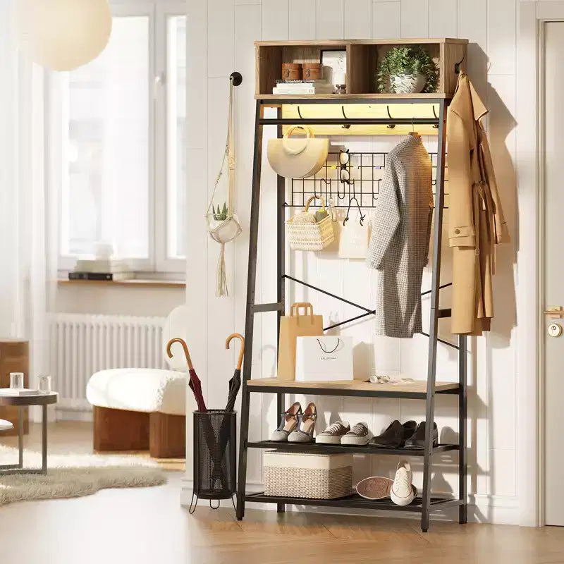 Bestier Coat Rack with Shoe Storage Bench, 70 Hall Tree with Shelves, Clothes Hanger Stand for Jackets & Cats, 5-in-1 Entryway Organizer with Hooks