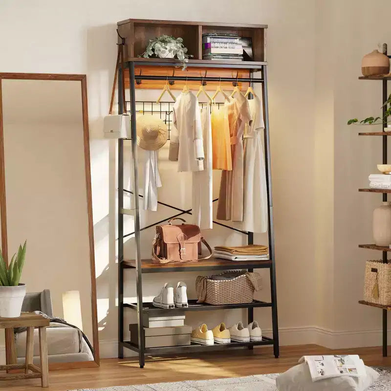 Porte-manteau avec banc de rangement à chaussures, arbre d'entrée de 70 po avec étagères, support de suspension pour vestes et manteaux, organisateur d'entrée 5-en-1 avec