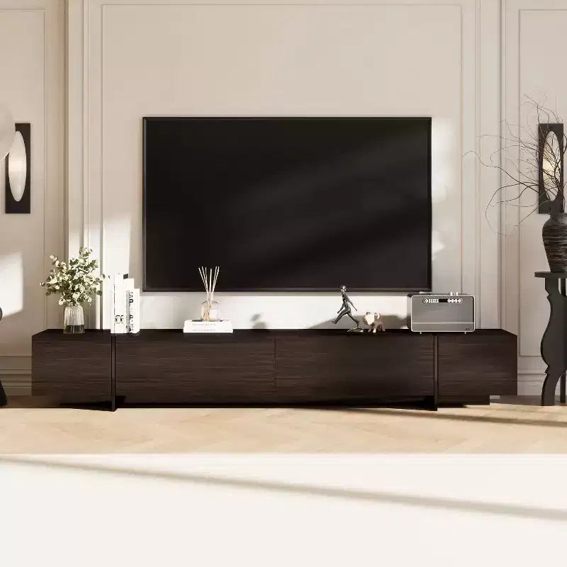 Famapy Brown Long TV Cabinet Woodgrain Finish 4 Drawers Storage