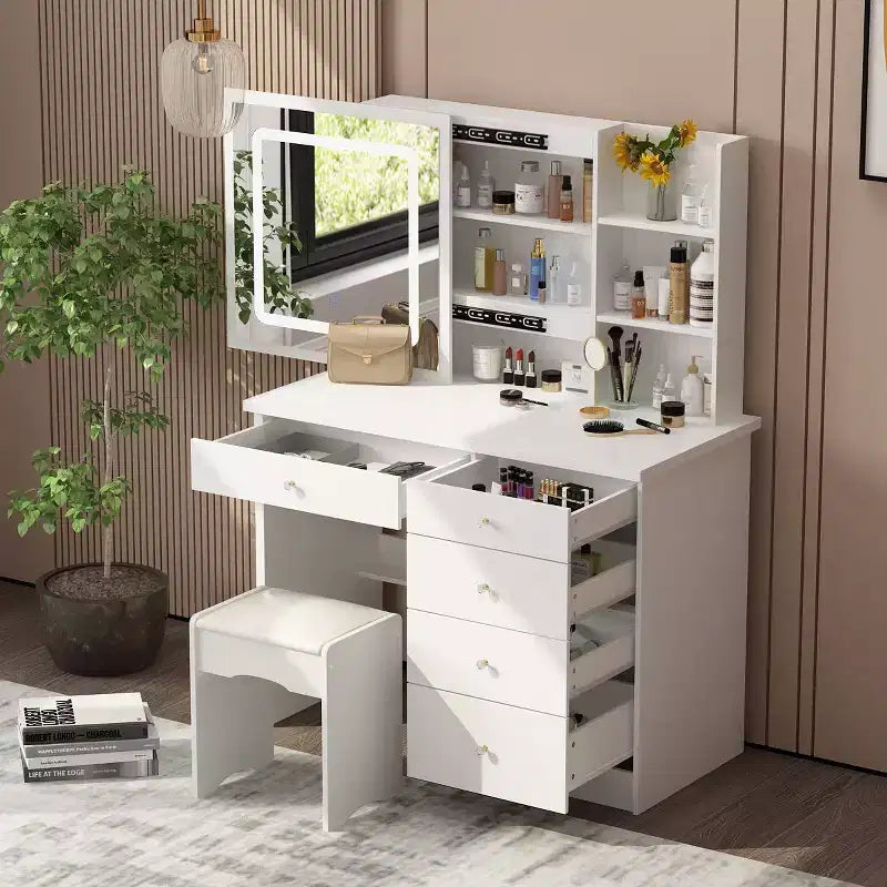 Famapy 39.4W Mirrored Vanity Table Makeup Vanity Set with Stool and Storage Drawers