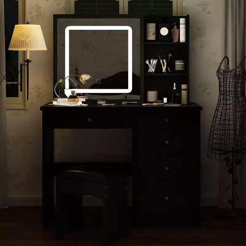 Coiffeuse miroir de 99,06 cm avec tabouret et tiroirs de rangement