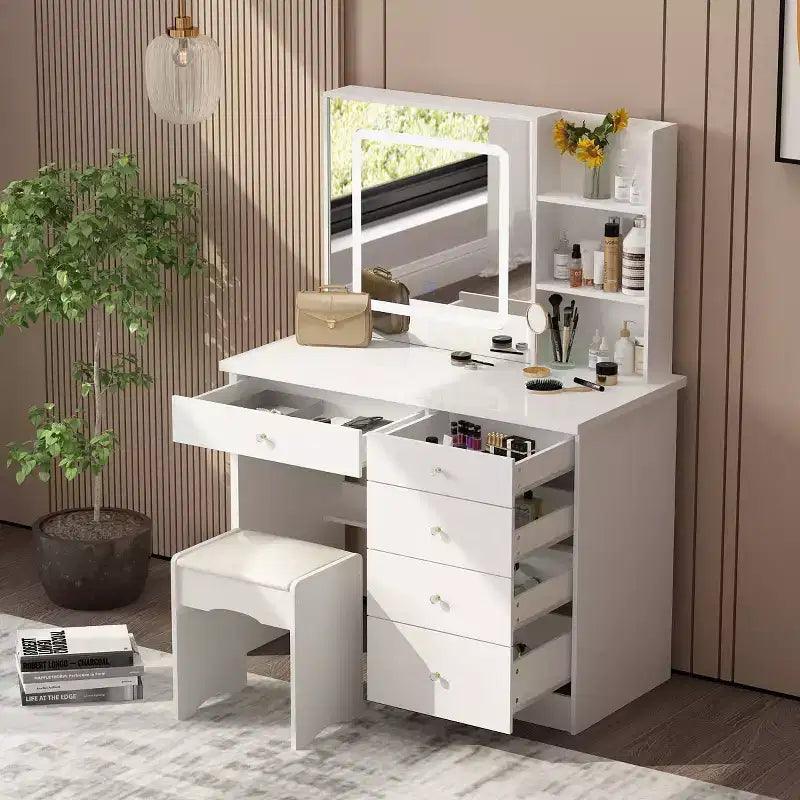 Coiffeuse miroir de 99,06 cm avec tabouret et tiroirs de rangement