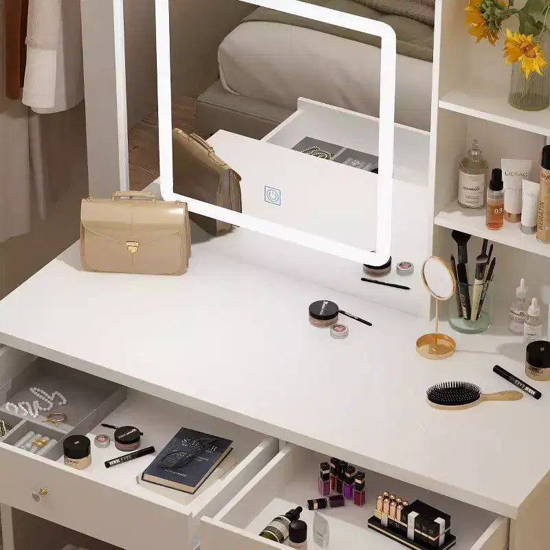 Coiffeuse miroir de 99,06 cm avec tabouret et tiroirs de rangement
