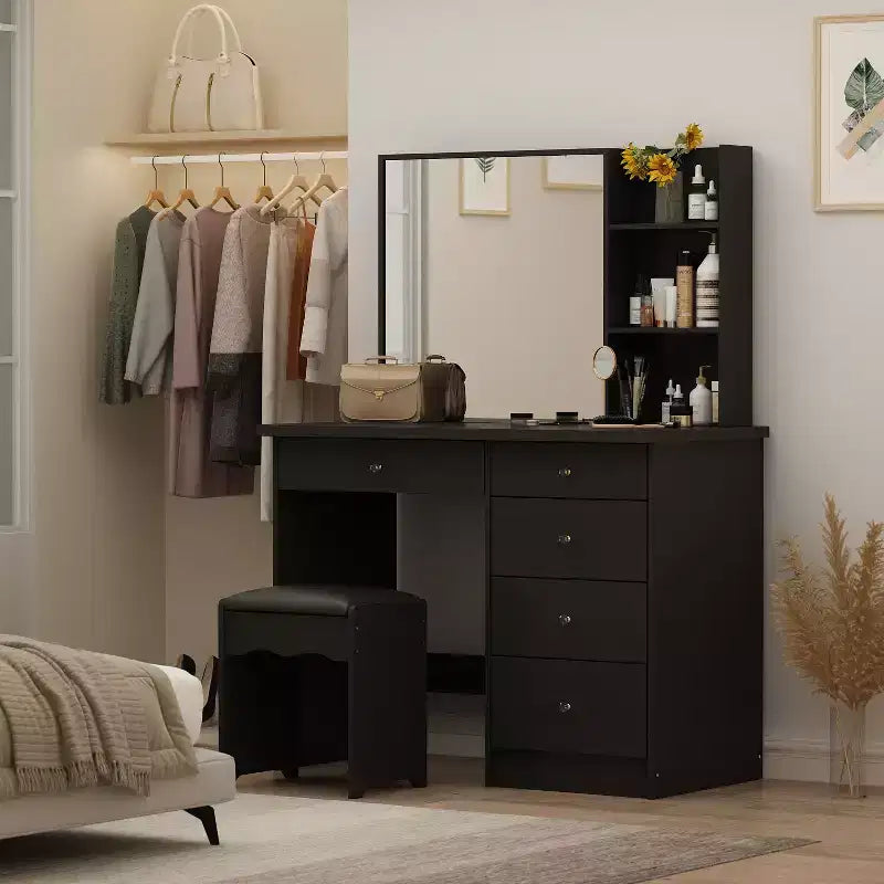 Coiffeuse miroir de 99,06 cm avec tabouret et tiroirs de rangement