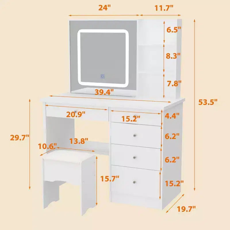 Coiffeuse miroir de 99,06 cm avec tabouret et tiroirs de rangement