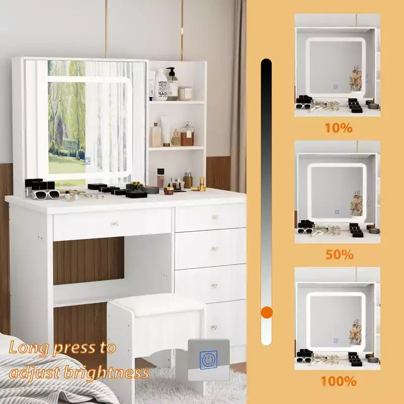 Coiffeuse miroir de 99,06 cm avec tabouret et tiroirs de rangement