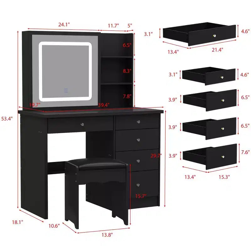 Coiffeuse miroir de 99,06 cm avec tabouret et tiroirs de rangement