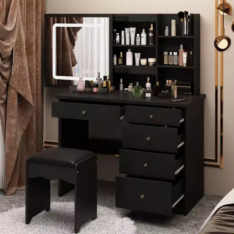 Coiffeuse miroir de 99,06 cm avec tabouret et tiroirs de rangement