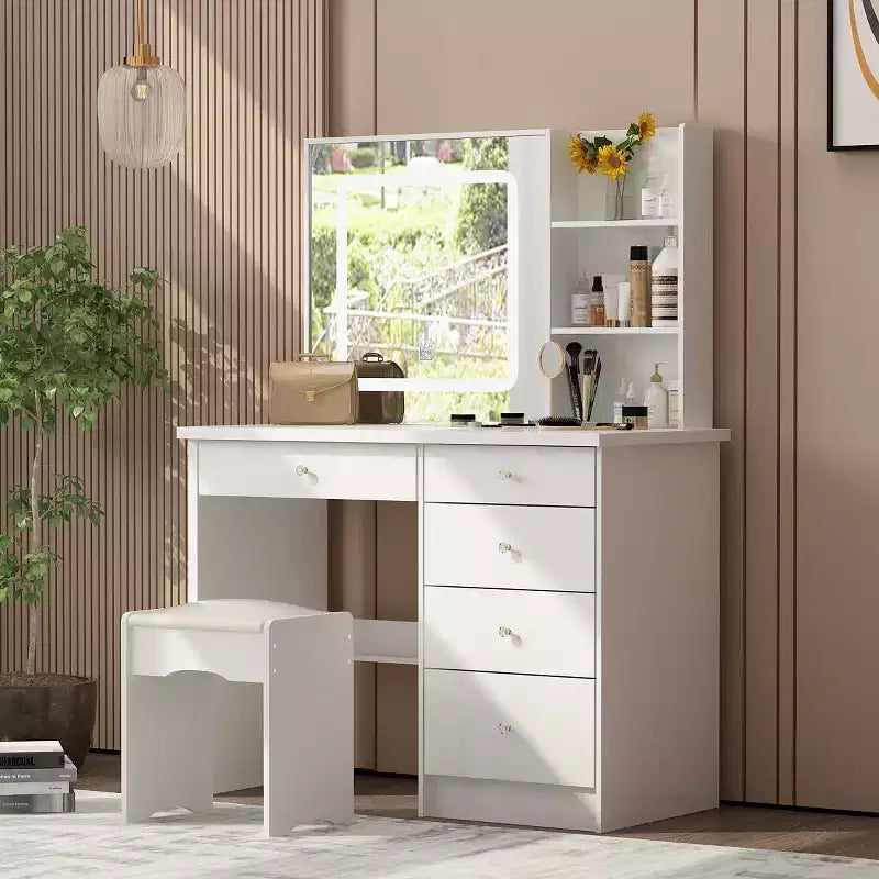Coiffeuse miroir de 99,06 cm avec tabouret et tiroirs de rangement
