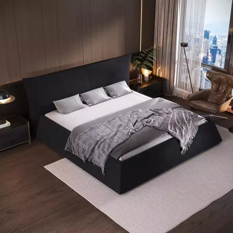 Lit en bois avec tête de lit en velours de forme spéciale