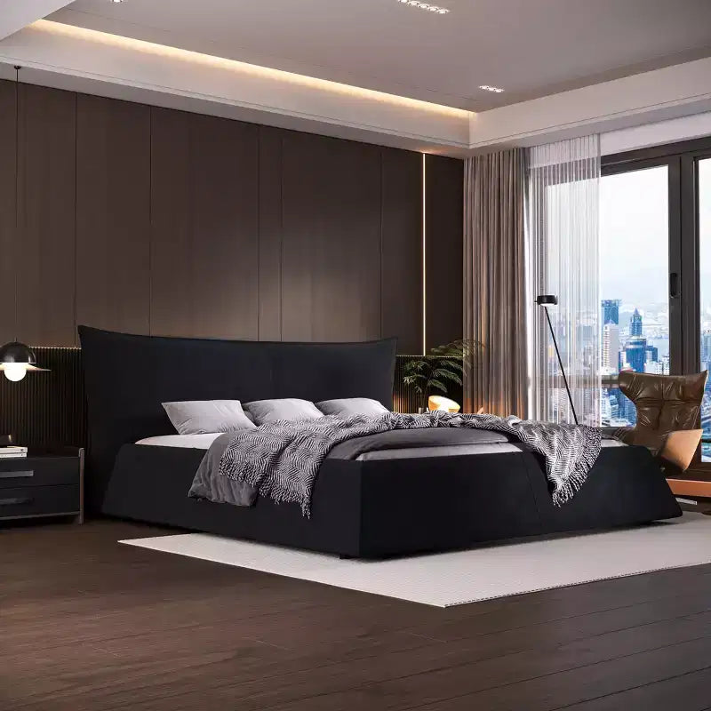Lit en bois avec tête de lit en velours de forme spéciale