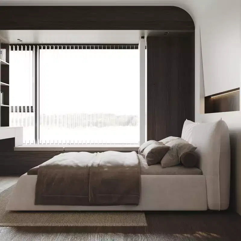 Lit en bois avec tête de lit en velours de forme spéciale