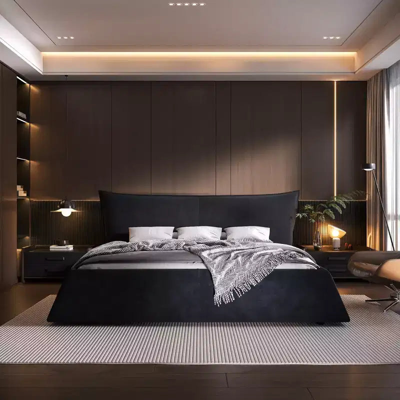GDFStudio Upholstered Platform Solid Wood Bed with Special Shaped Velvet Headboard