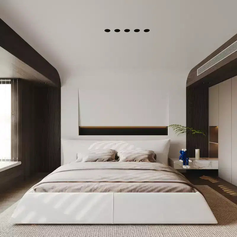 Lit en bois avec tête de lit en velours de forme spéciale
