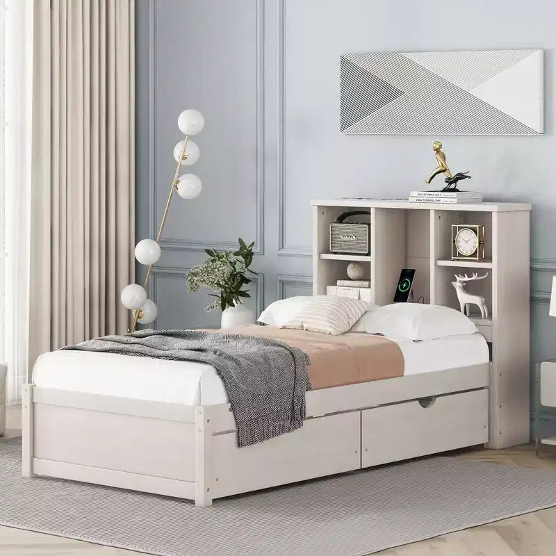 Cadre de lit simple moderne gris avec ports USB intégrés, tête de lit-bibliothèque et deux tiroirs