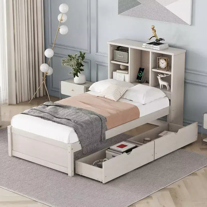 Cadre de lit simple moderne gris avec ports USB intégrés, tête de lit-bibliothèque et deux tiroirs