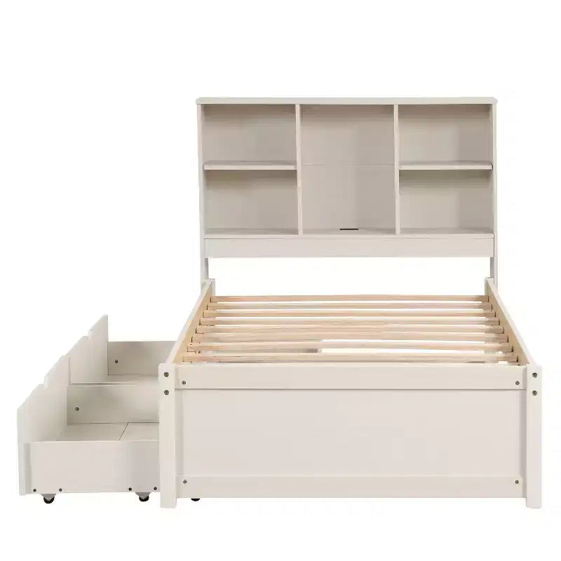Cadre de lit simple moderne gris avec ports USB intégrés, tête de lit-bibliothèque et deux tiroirs