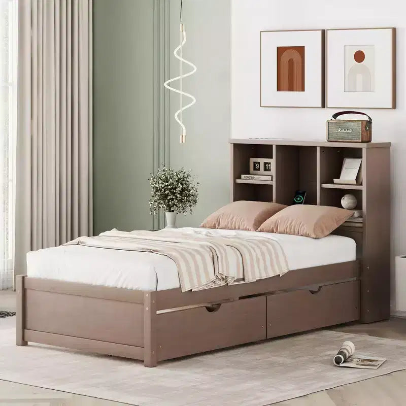 Cadre de lit simple moderne gris avec ports USB intégrés, tête de lit-bibliothèque et deux tiroirs