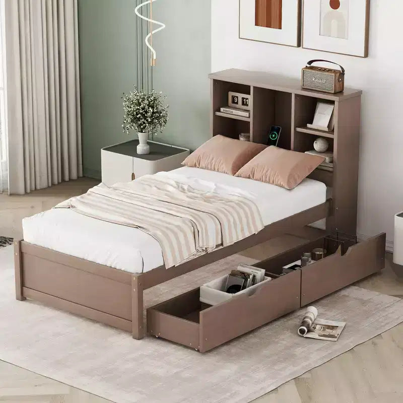 Cadre de lit simple moderne gris avec ports USB intégrés, tête de lit-bibliothèque et deux tiroirs