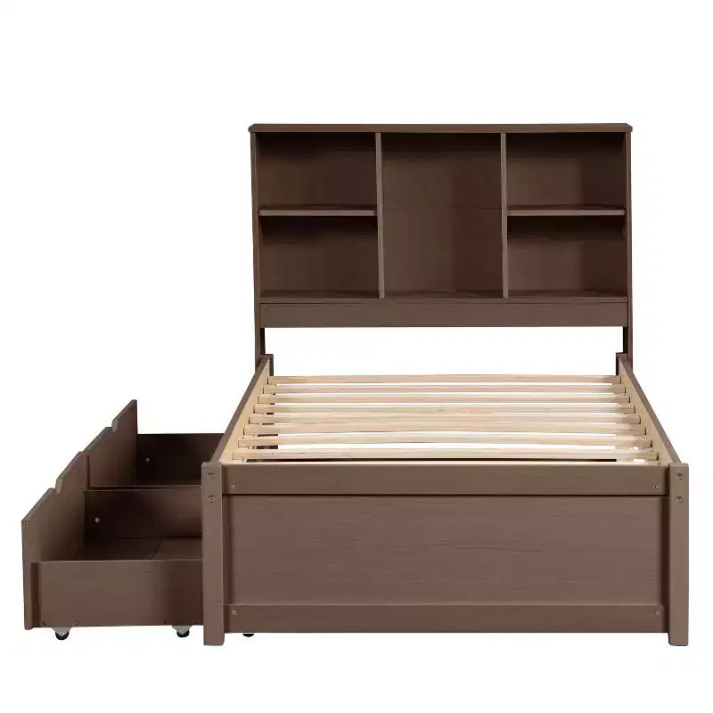 Cadre de lit simple moderne gris avec ports USB intégrés, tête de lit-bibliothèque et deux tiroirs