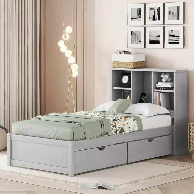 Cadre de lit simple moderne gris avec ports USB intégrés, tête de lit-bibliothèque et deux tiroirs