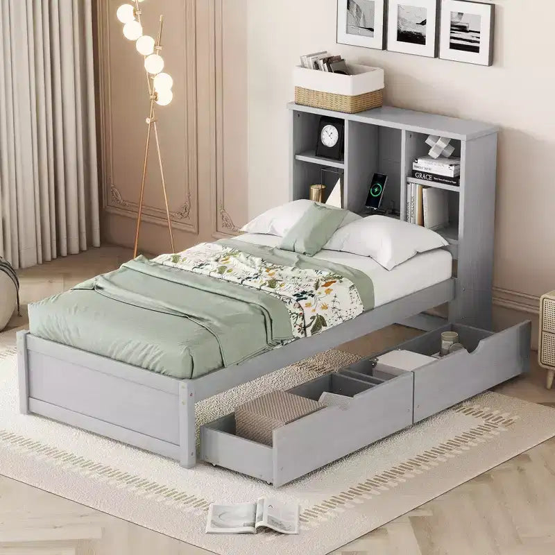 Cadre de lit simple moderne gris avec ports USB intégrés, tête de lit-bibliothèque et deux tiroirs