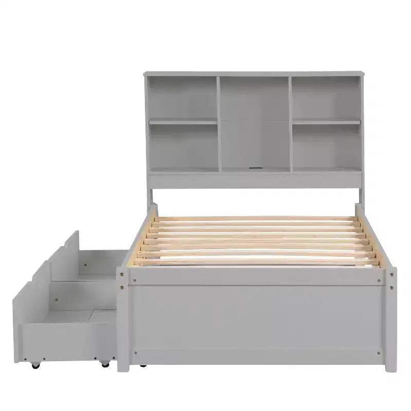 Cadre de lit simple moderne gris avec ports USB intégrés, tête de lit-bibliothèque et deux tiroirs