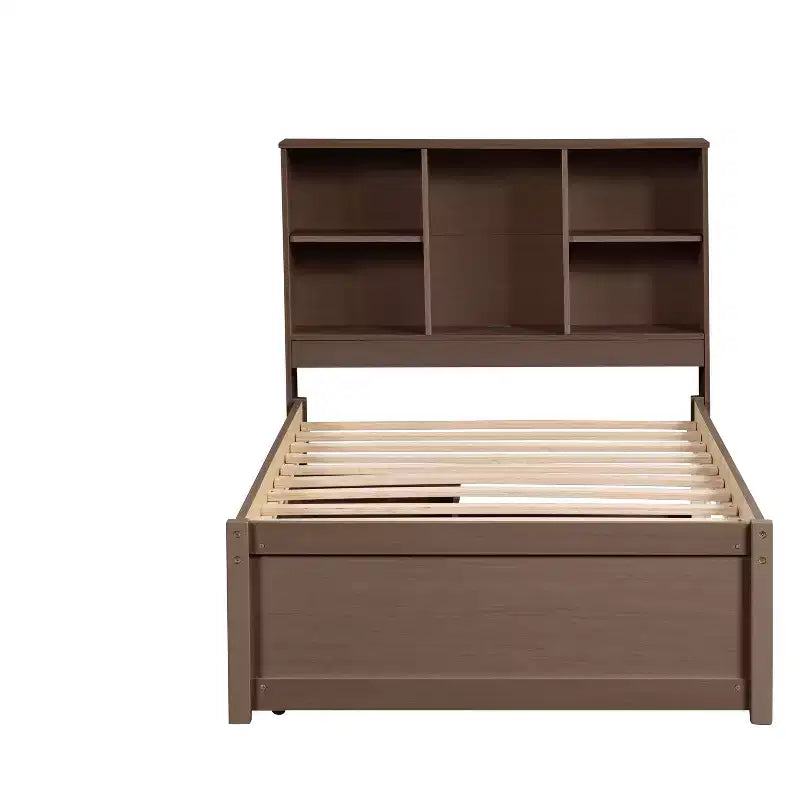 Cadre de lit simple moderne gris avec ports USB intégrés, tête de lit-bibliothèque et deux tiroirs