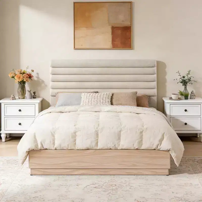 Christopher Knight Home Anatoli Contemporary Wood Bed Frame with Taupe Boucle Upholstered Headboard