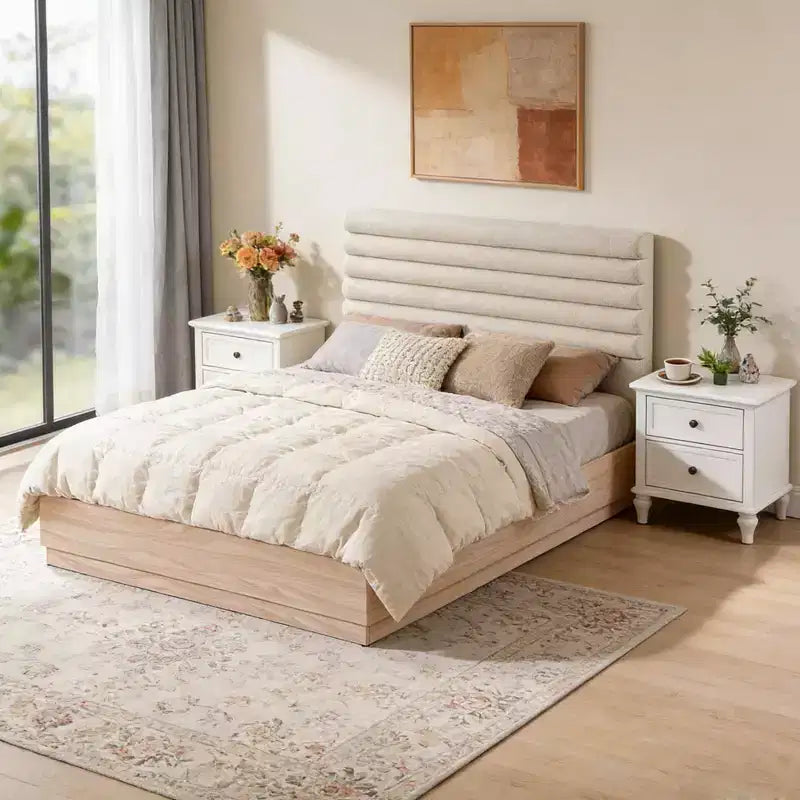Cadre de lit en bois avec tête de lit capitonnée en boucle taupe